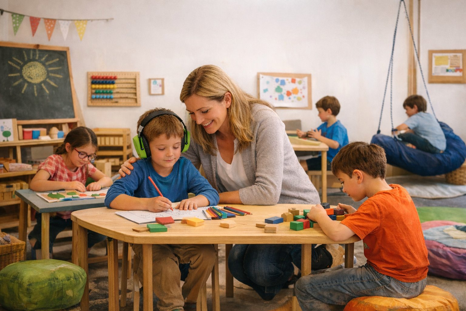 Classe en école hors cadre avec effectifs réduits et pédagogies adaptées pour élèves DYS, TDAH et TSA.
