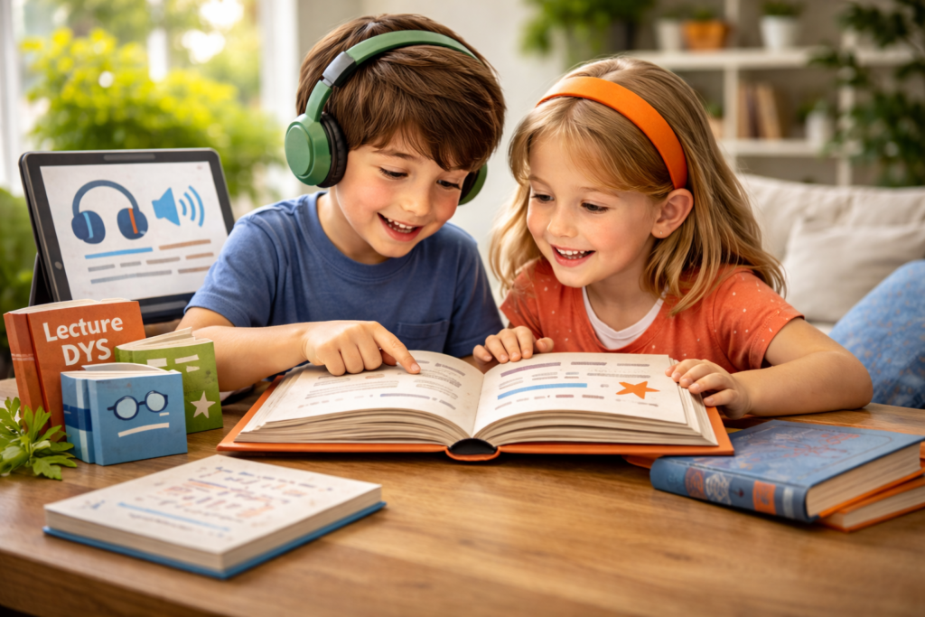 Découvrez comment les livres adaptés aident les enfants DYS à lire plus facilement : éditeurs spécialisés, audio, conseils pratiques et inclusion.
